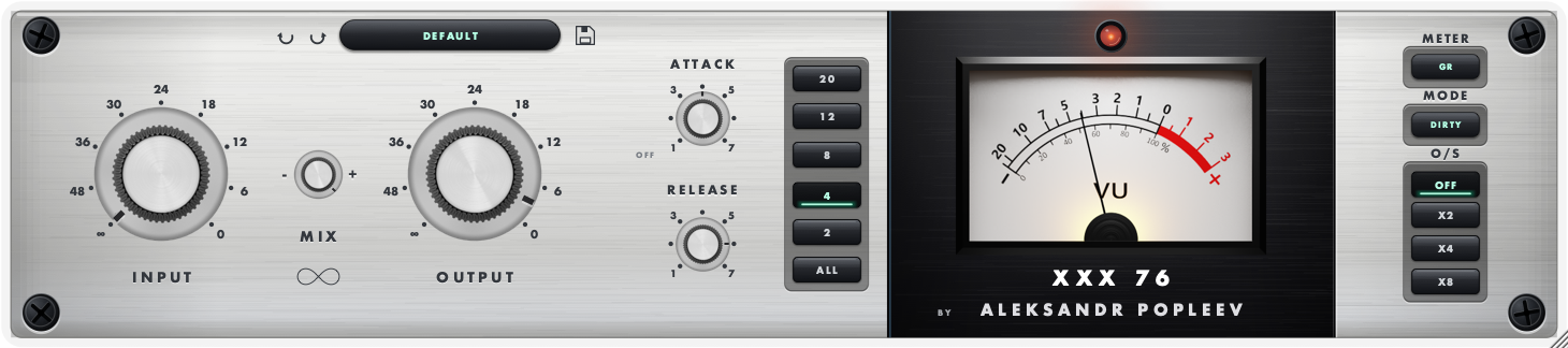 Интерфейс плагина XXX 76 — Input, Output, Attack, Release, Mix, Ratio, VU-метр
