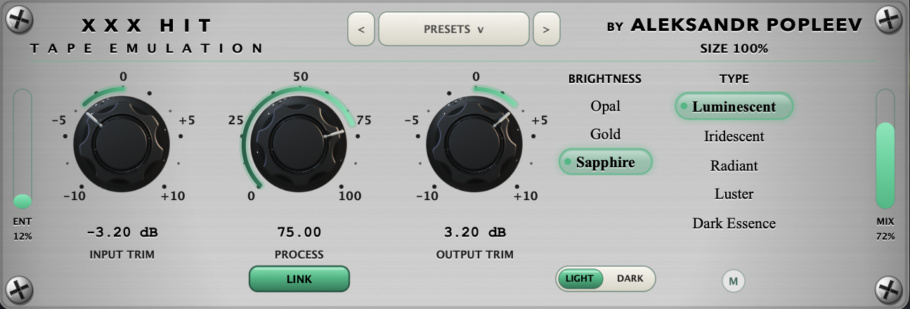 Интерфейс плагина XXX HIT — Input Trim, Process, Output Trim, Brightness, Type, Mix